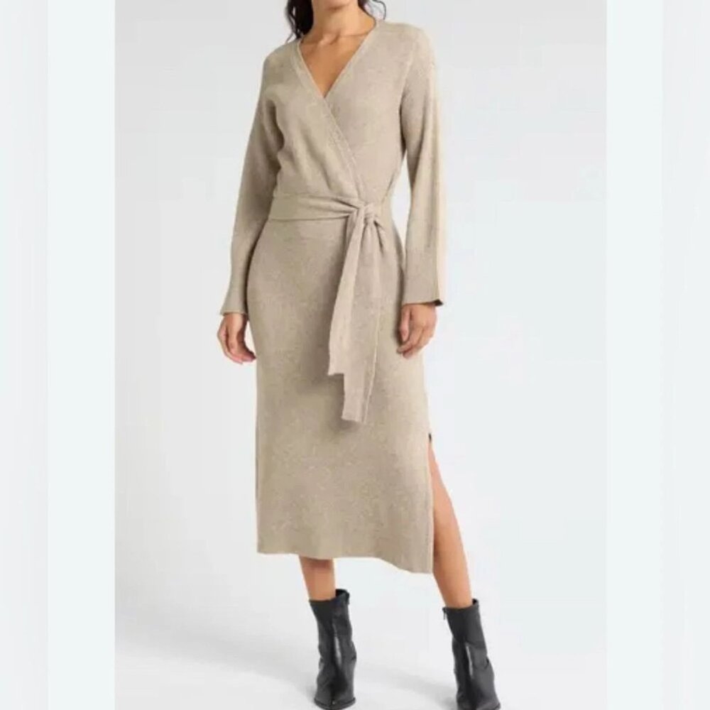 New WayF Long Sleeve Wrap Sweater Dress Size Medium in Tan from Nordstrom